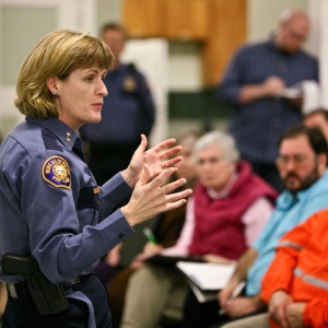 Portland police chief Rosie Sizer talks at town hall meeting about the closure of N Portland Precinct
