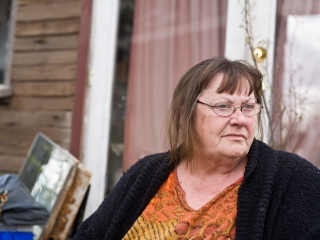 Portland Dignity Village Co-Founder Gaye Reyes is outside her home.