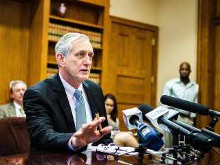 Mayor Charlie Hails talks to press in Portland Oregon