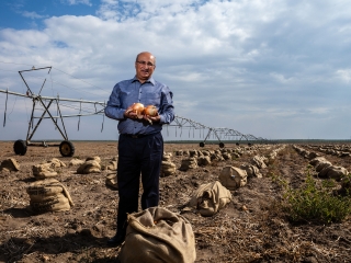 Businessman Posing with Onions in field with irrigation equipment
