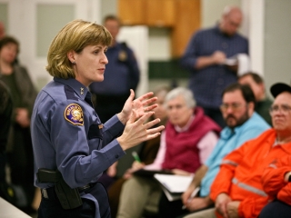 Portland police chief Rosie Sizer talks at town hall meeting about the closure of N Portland Precinct
